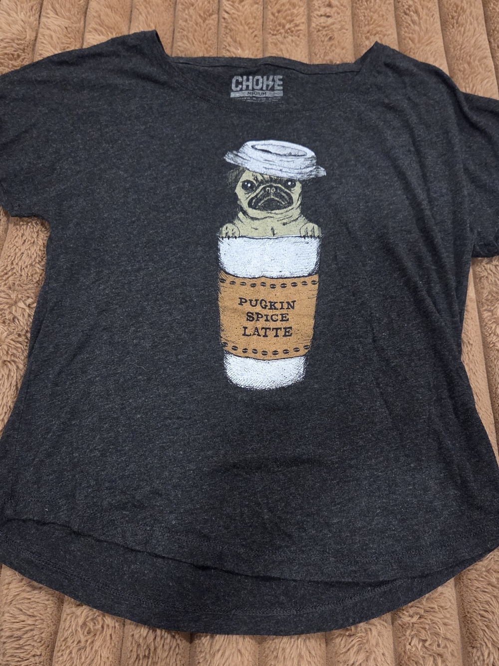 Choke Gray Pugkin Spice Latte Print Short Sleeve Graphic T Shirt Womens Size M